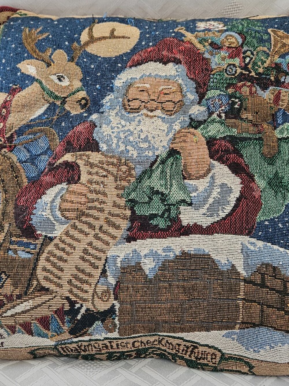 Vintage woven Christmas Tapestry Pillow. Artist Betty Smith Whiteaker.